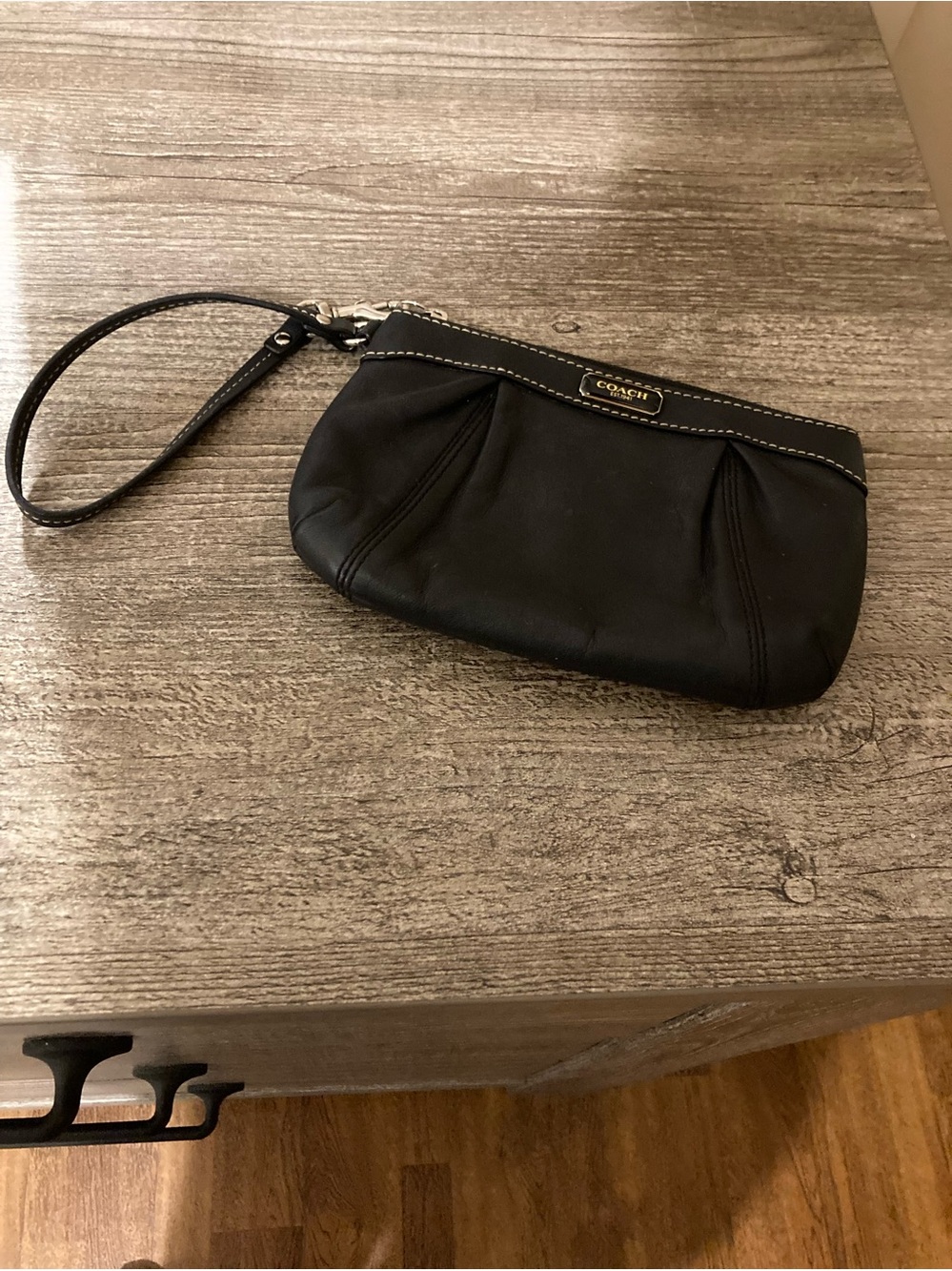 Coach Navy Leather Wristlet with Gold Plaque